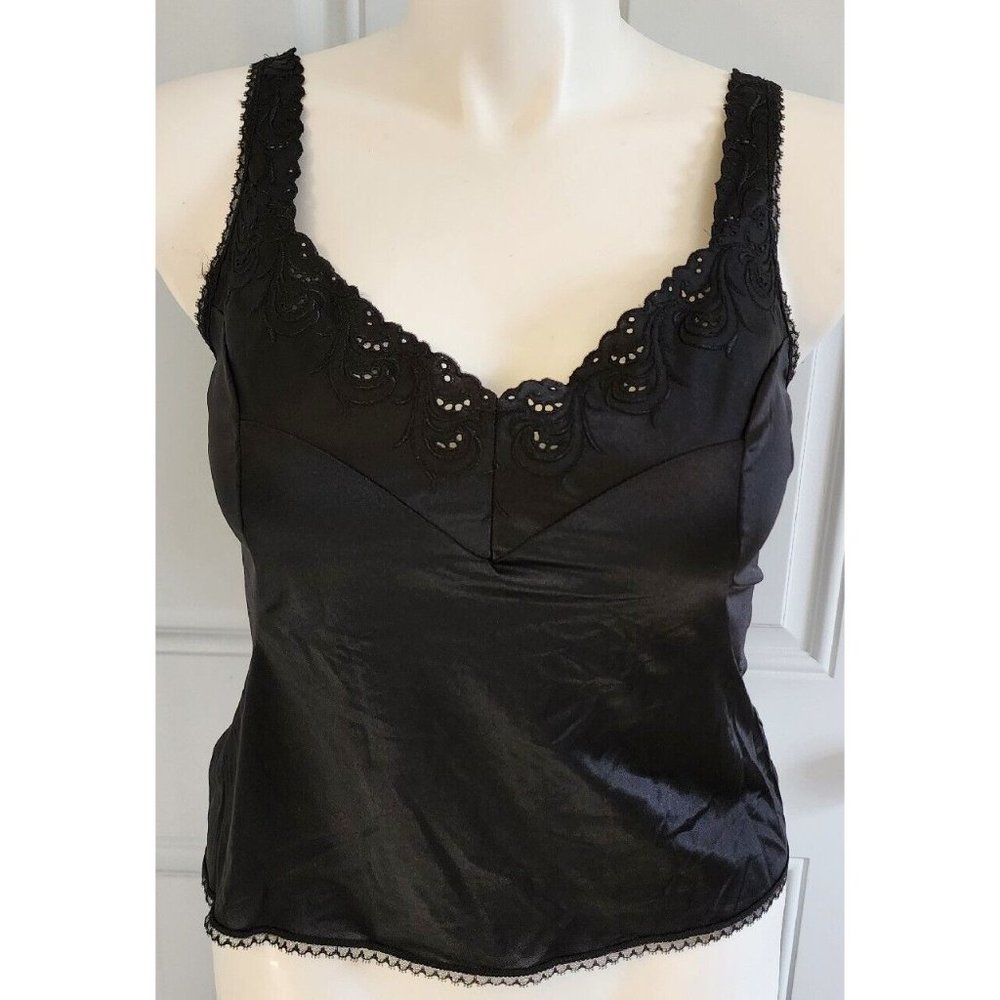 Vintage Vanity Fair‎ Black Silky Embroidered Eyelet Camisole Tank Top Size 38